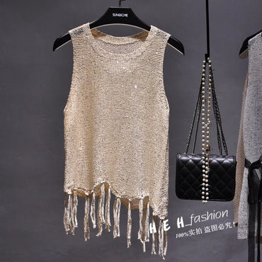 Shiny Gold Silver Knitted Tank Tops