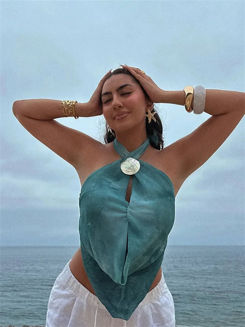 Tie Dye Hollow Out Halter Sexy Tank Top