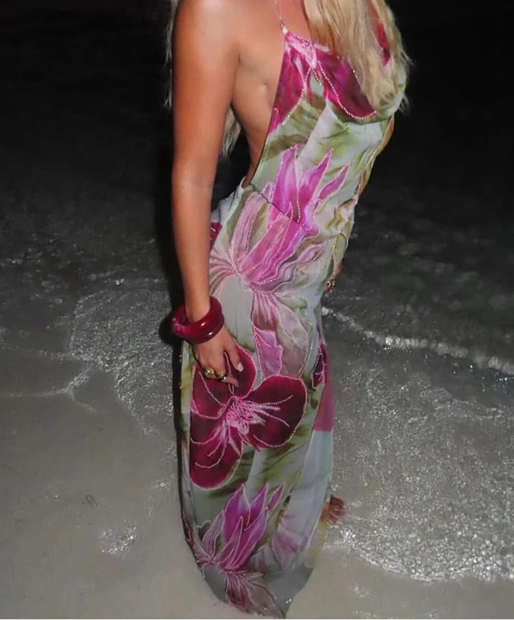 Split Thigh Backless Mesh Flower Design Maxi Dress