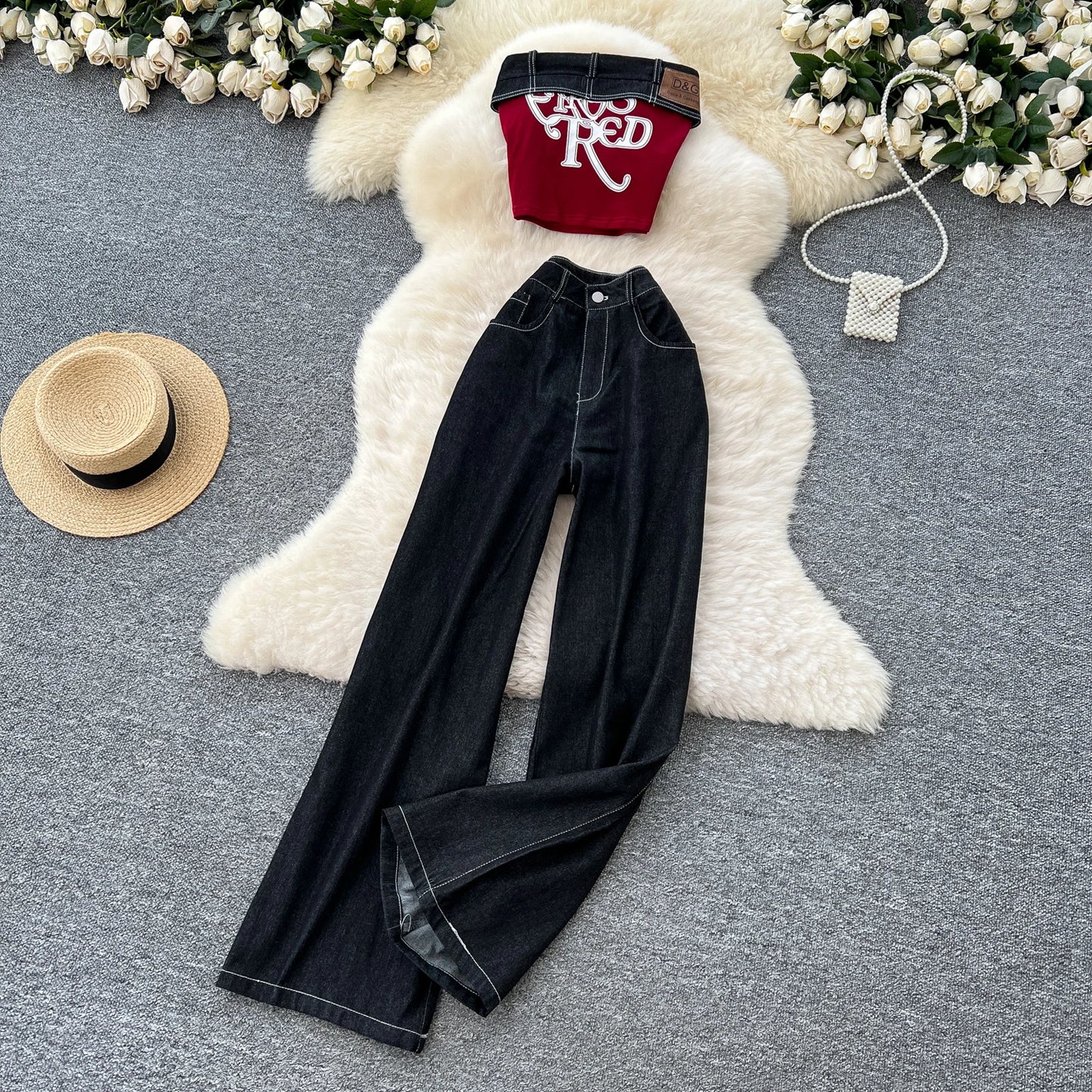 Strapless Letter Embroidery Retro Sexy 2pcs Set