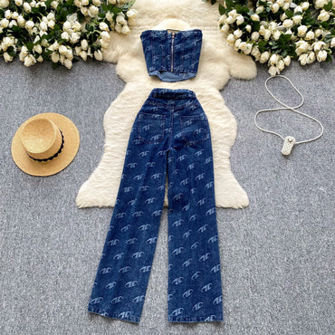 Strapless Metal Button Zipper Top+Long Pants Streetwear Denim