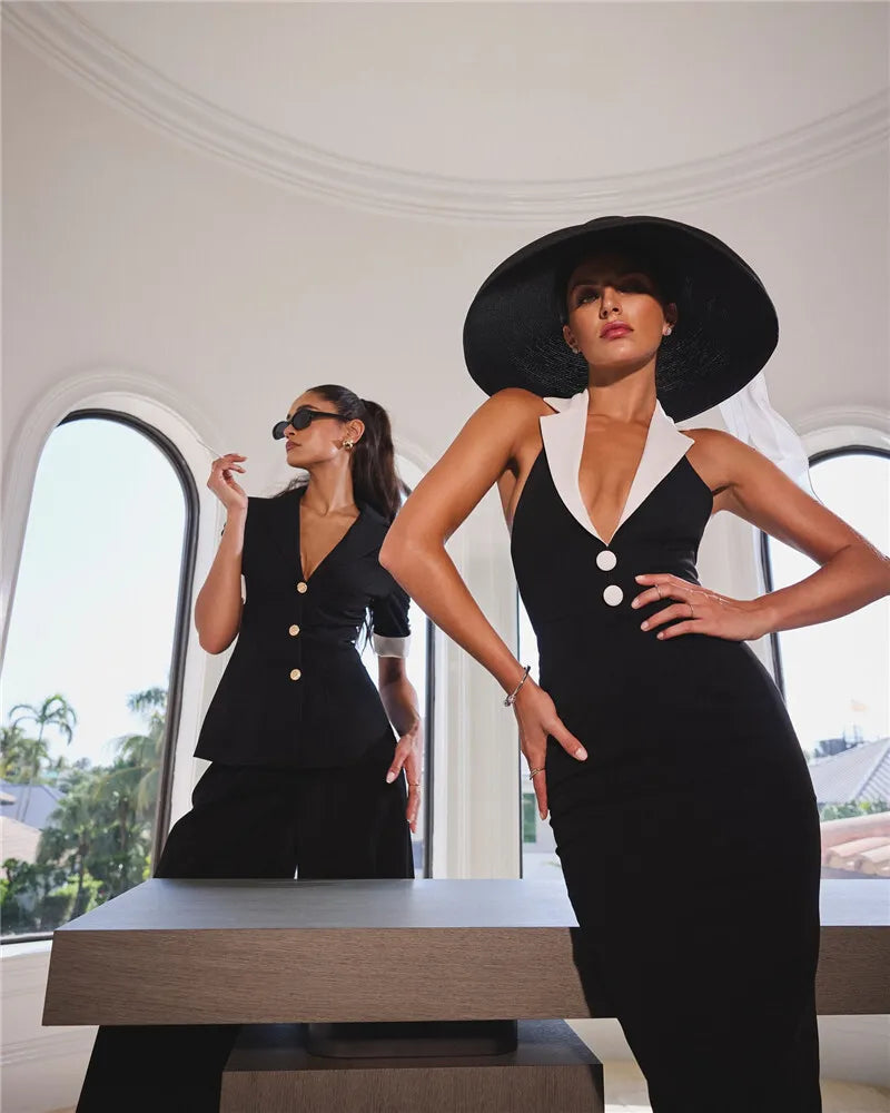 Notched Collar Halter Backless Sexy Maxi Dress