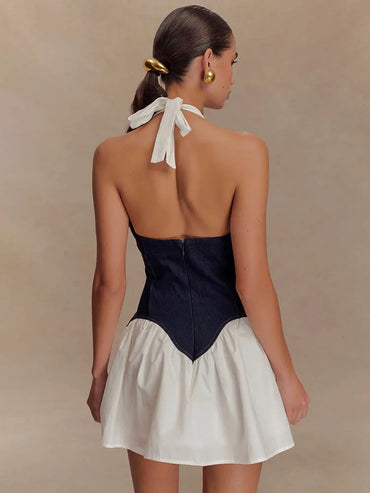 Patchwork Halter Denim Backless Sexy Mini Dress
