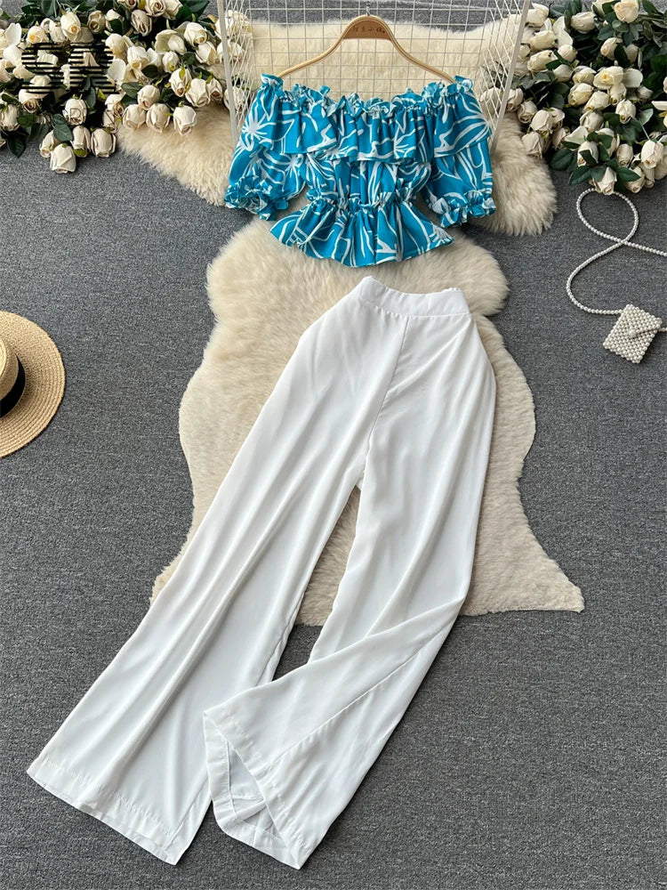 Ruffles Floral Print Elastic Waist Wide Leg Long Pants+Top Set