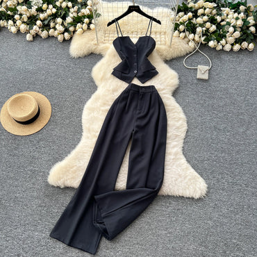Office Lady Button Design Camisole+Wide Leg Zipper Pants Set