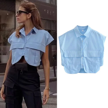 Cropped Button Short sleeve Crop top
