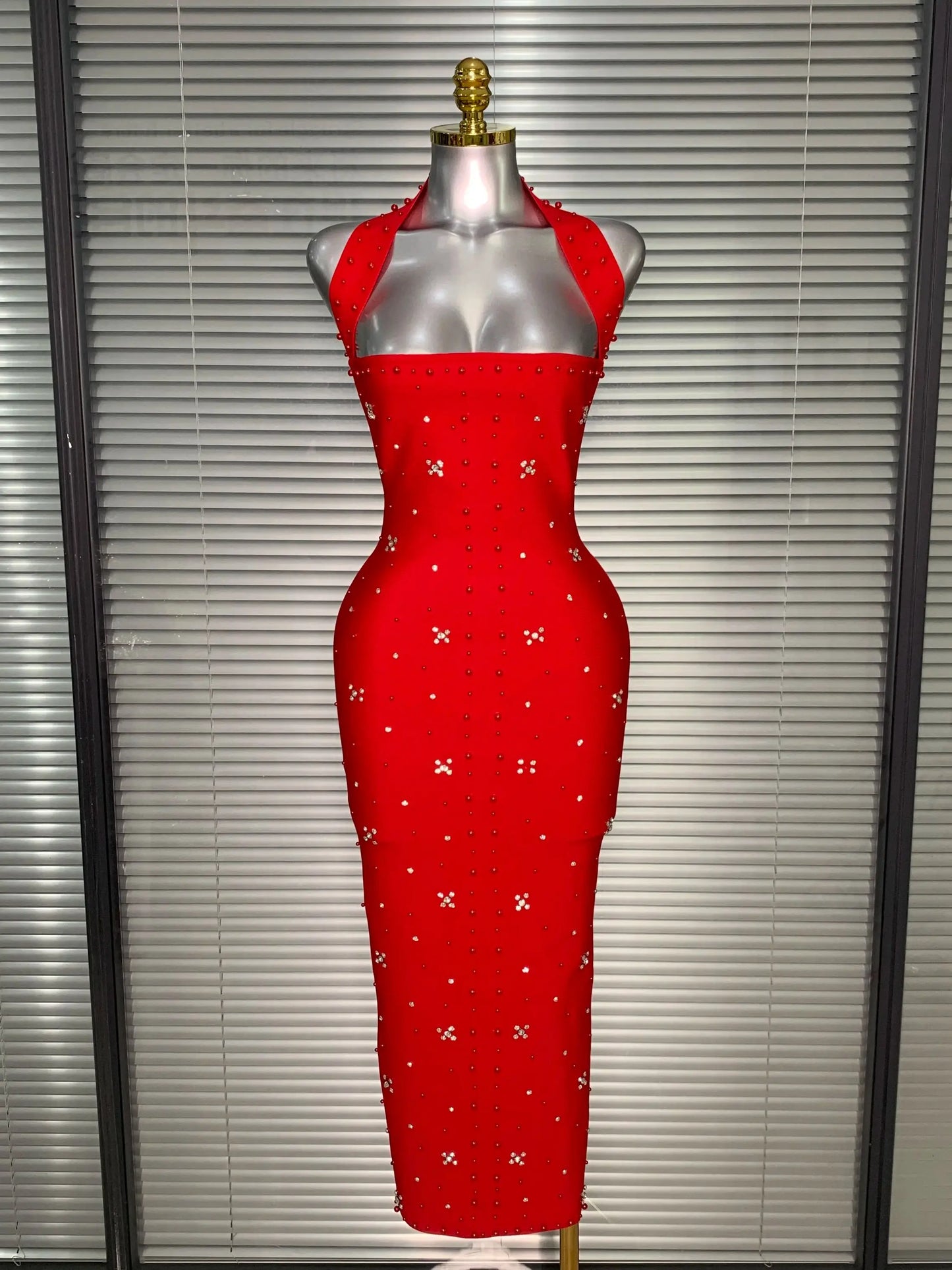 Halter Long Crystal Beaded Bandage Dress