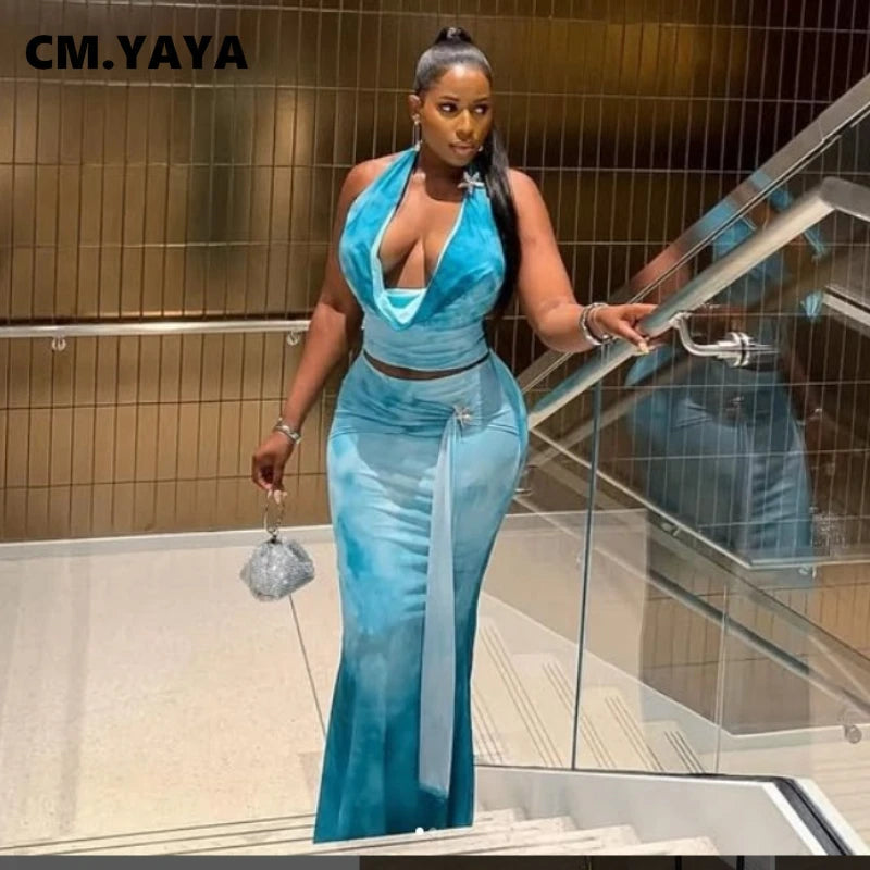 Tie Dye Printed Halter Pile Neck Crop Top+Bodycon Maxi Long Skirt Set