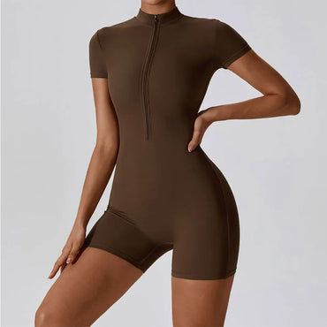 One-Piece Zipper Short Sleeve Gym Romper