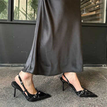 Elegant Pointed toe PU Leather Slingback Thin Heels