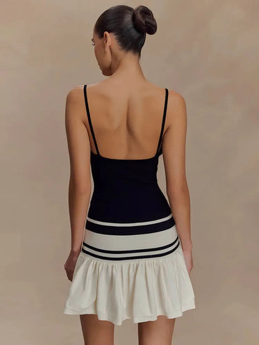 Spaghetti Strap Sleeveless Backless Ruffle Patchwork Mini Dress