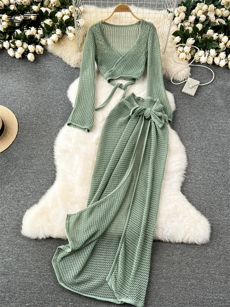 Long Sleeve V Neck Short Top+Adjustable Waist Split Long Skirt Set