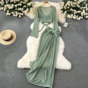 Long Sleeve V Neck Short Top+Adjustable Waist Split Long Skirt Set