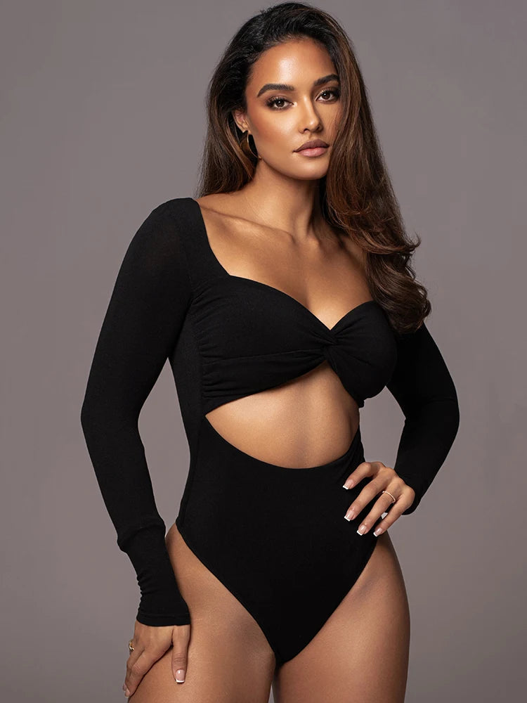 Hollow Out Long Sleeve Square Collar Bodysuit