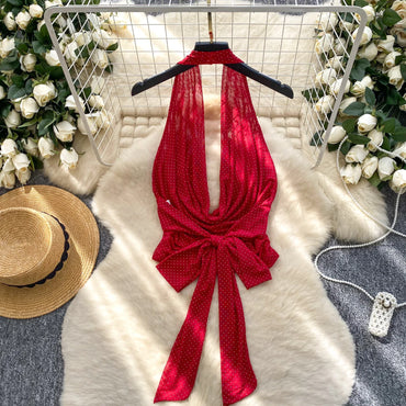 Halter Lace Up Backless Shiny Swing Collar Mesh Top