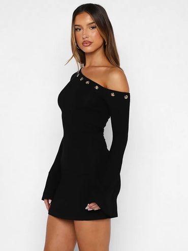 Inclined Shoulder Long Sleeve Sexy Mini Dress