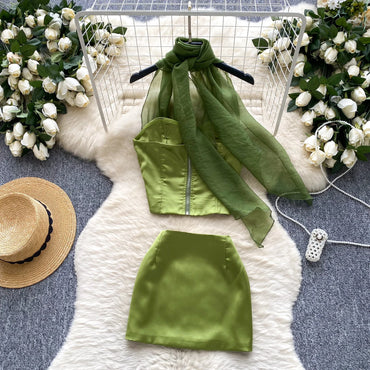 Strapless Halter Zipper Design Top+Bodycon Skirt Set