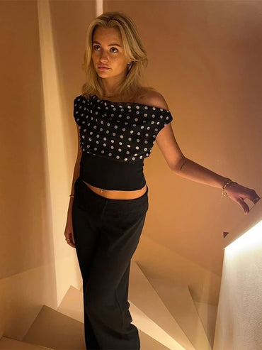Polka Dots Print Skew Collar Off Shoulder Crop Top