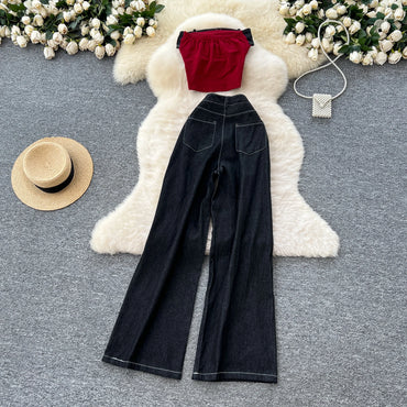 Strapless Letter Embroidery Retro Sexy 2pcs Set