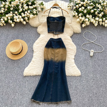 Lace Up Ruched Halter Tops+Split Zipper Skirt Set