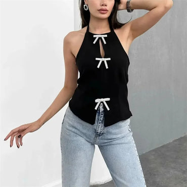 Bow Rhinestone Cut Out Backless Top