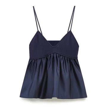 Blue Crop Top Ruffle Knitted Cami Top