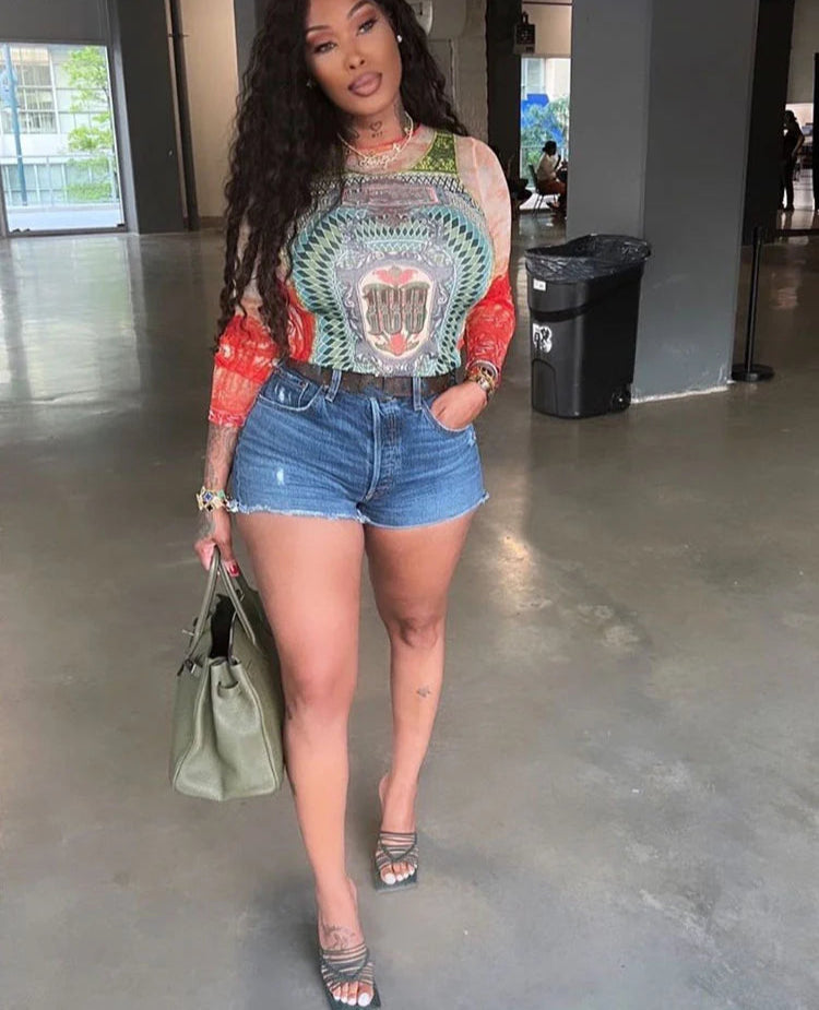 Mesh Dollar Print Classic Aesthetic O-neck Long Sleeve Skinny Top