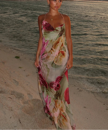 Split Thigh Backless Mesh Flower Design Maxi Dress