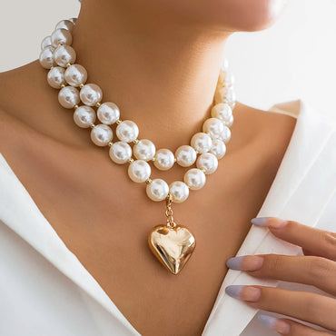 Pearl Beads Chain Necklace With Heart Pendant