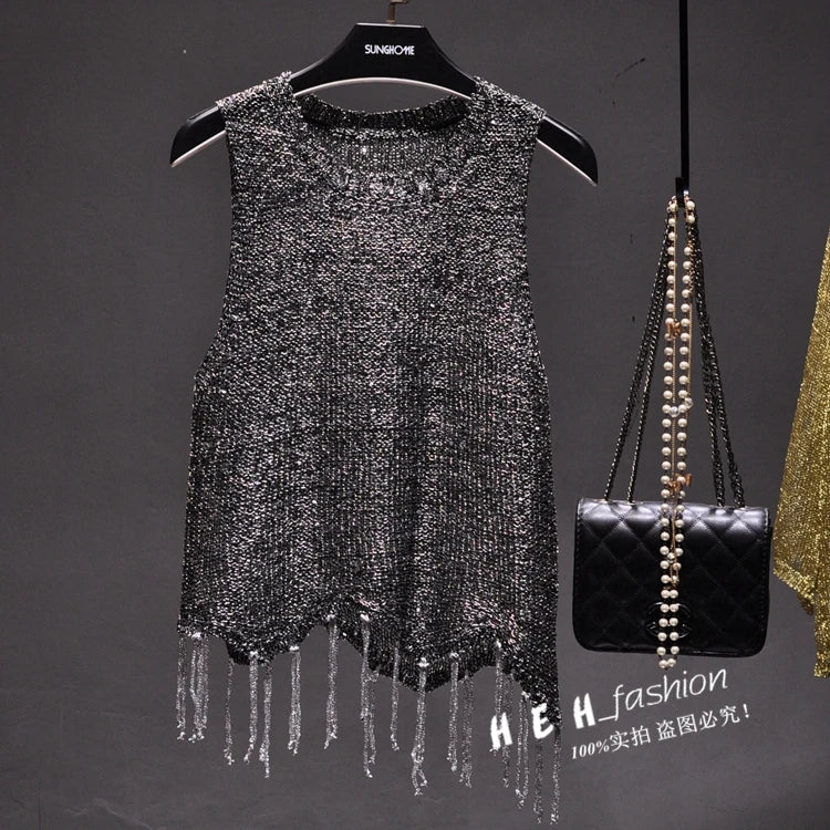 Shiny Gold Silver Knitted Tank Tops