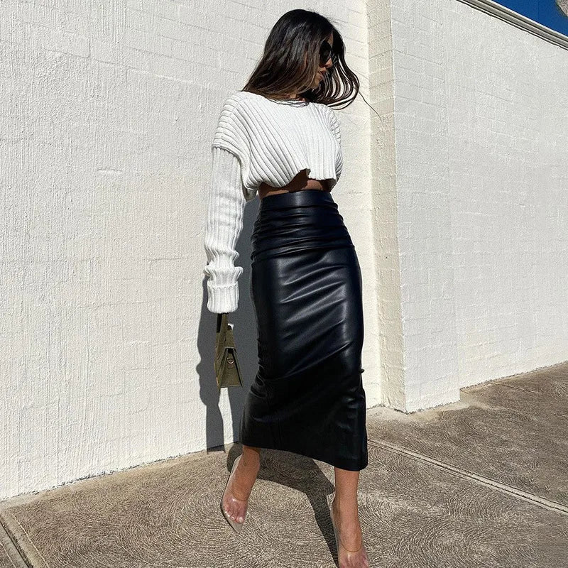 High Waist Bodycon Slit Leather Long Skirt