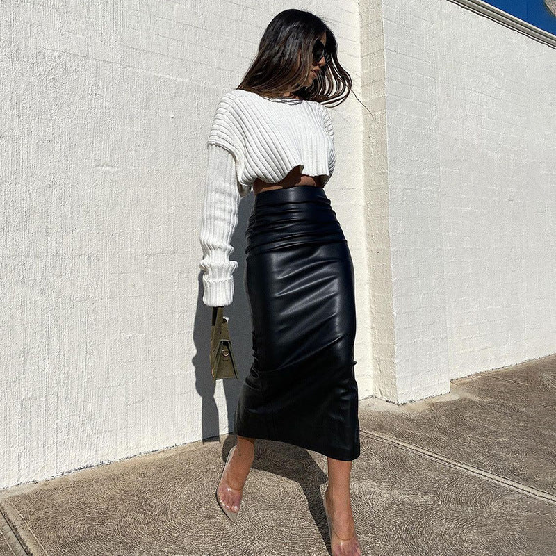 High Waist Bodycon Slit Leather Long Skirt