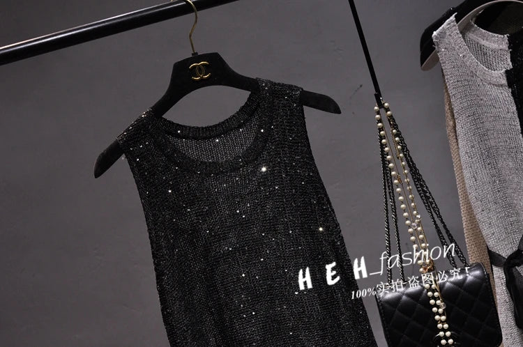 Shiny Gold Silver Knitted Tank Tops