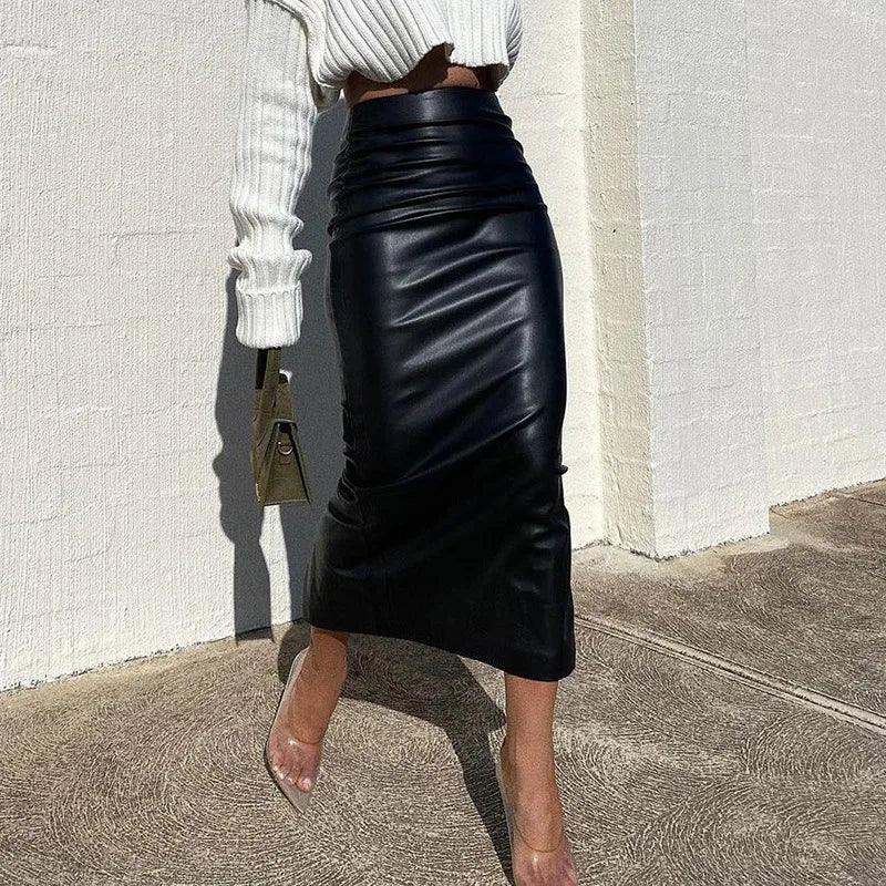 High Waist Bodycon Slit Leather Long Skirt