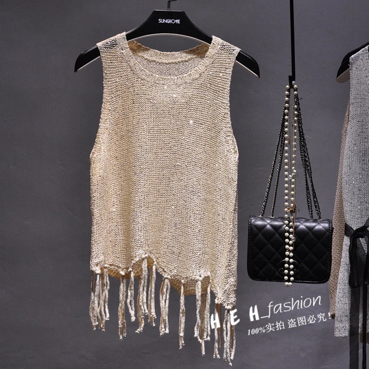 Shiny Gold Silver Knitted Tank Tops