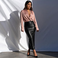 High Waist Bodycon Slit Leather Long Skirt