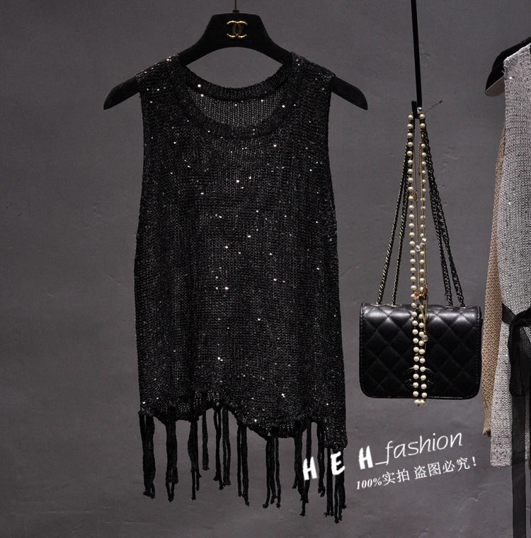 Shiny Gold Silver Knitted Tank Tops