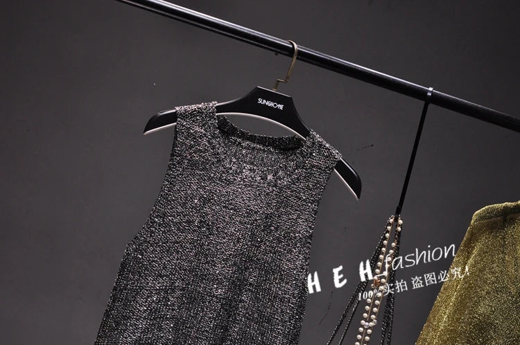Shiny Gold Silver Knitted Tank Tops