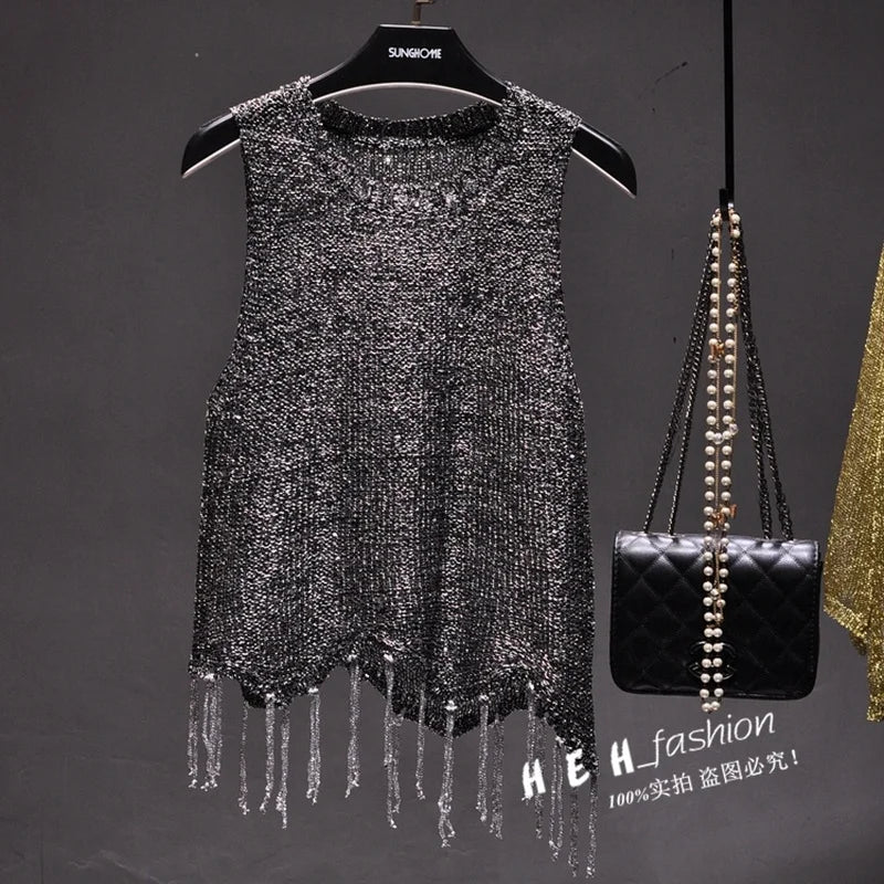 Shiny Gold Silver Knitted Tank Tops