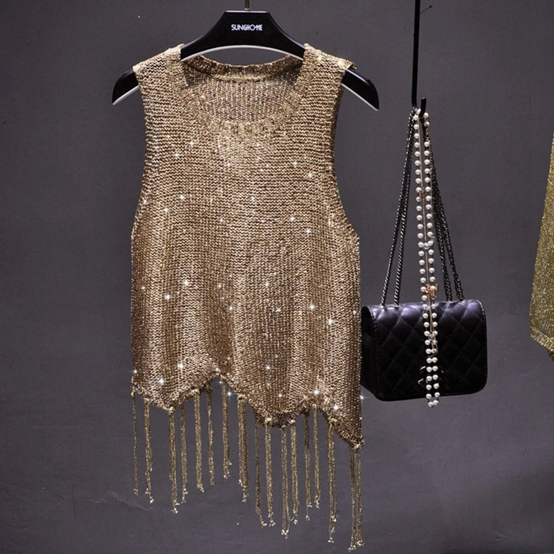 Shiny Gold Silver Knitted Tank Tops