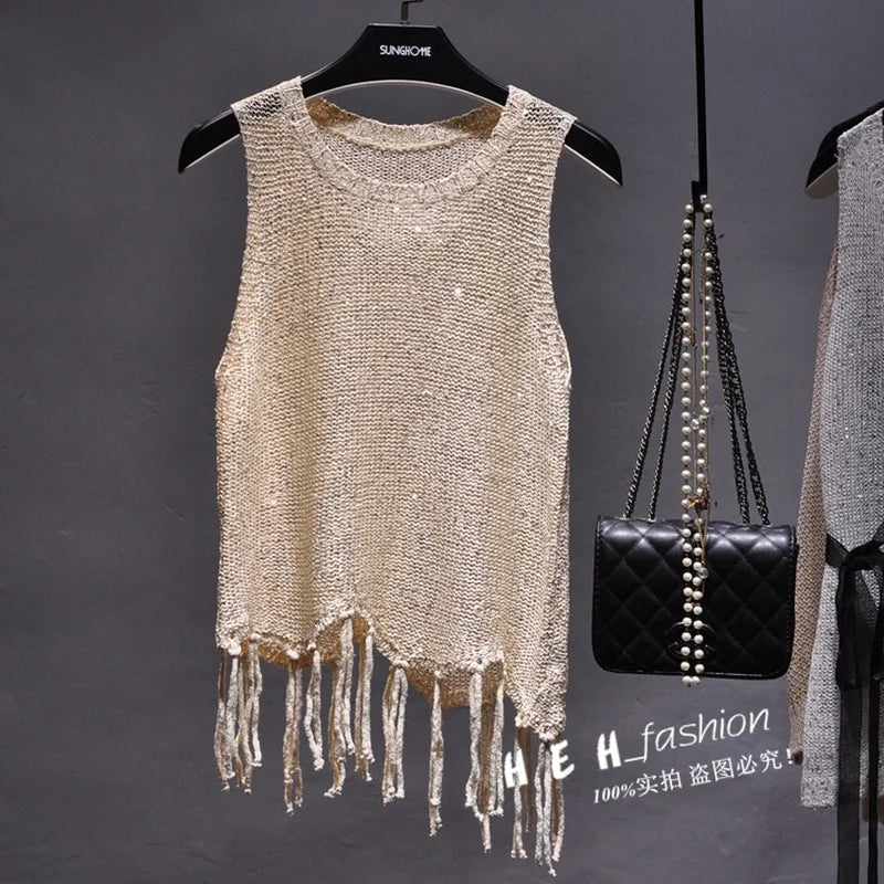Shiny Gold Silver Knitted Tank Tops