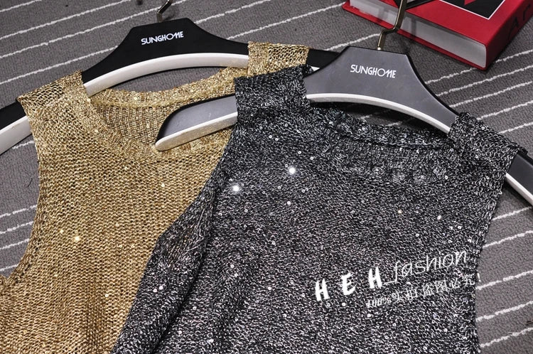 Shiny Gold Silver Knitted Tank Tops