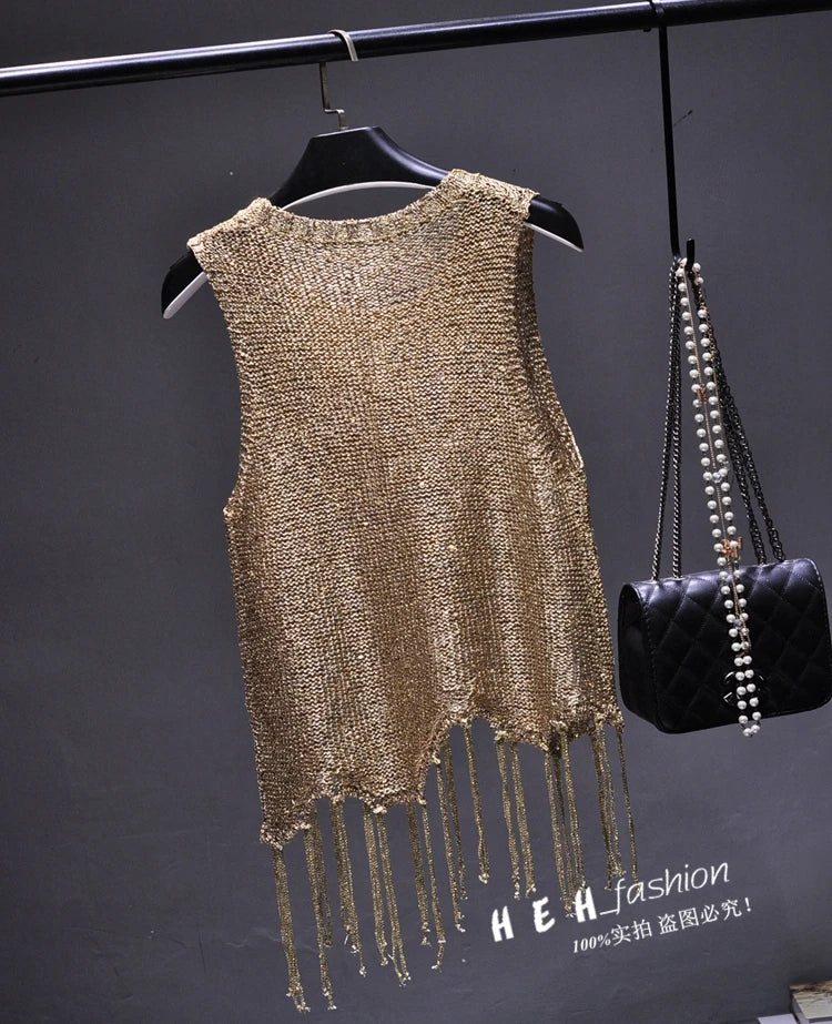 Shiny Gold Silver Knitted Tank Tops