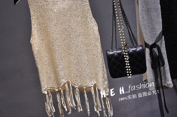 Shiny Gold Silver Knitted Tank Tops