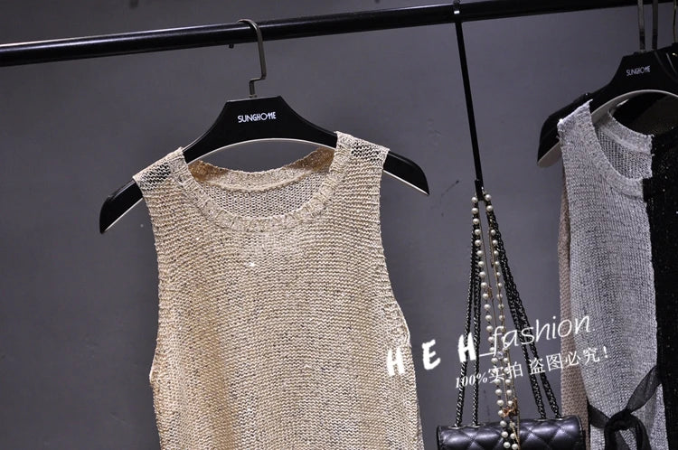 Shiny Gold Silver Knitted Tank Tops