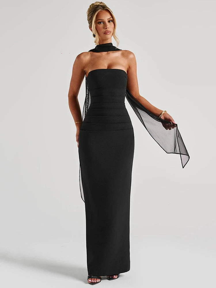 Scarf Collar Strapless Sexy Maxi Dress
