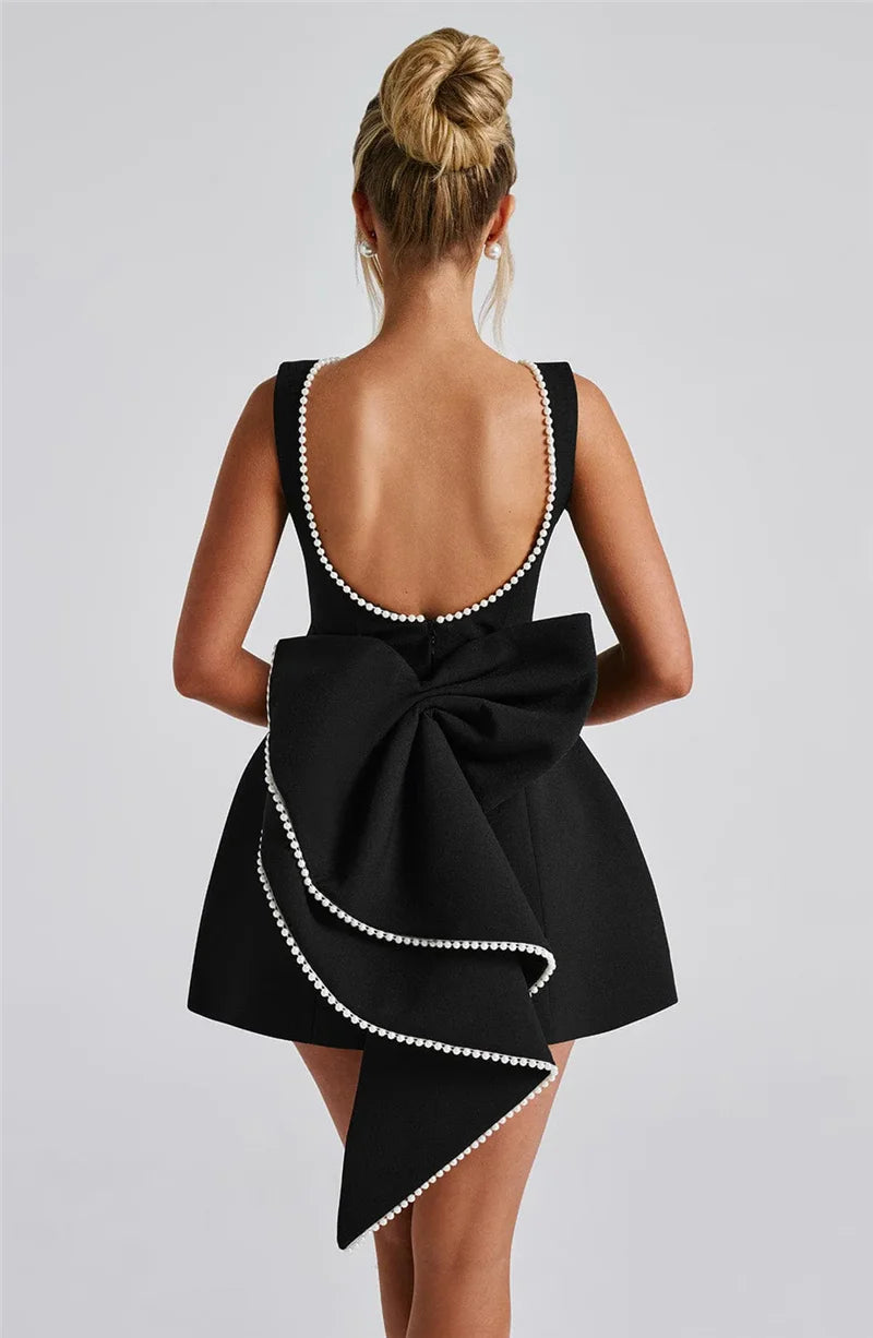 Pearl Bow Backless Sexy Mini Dress