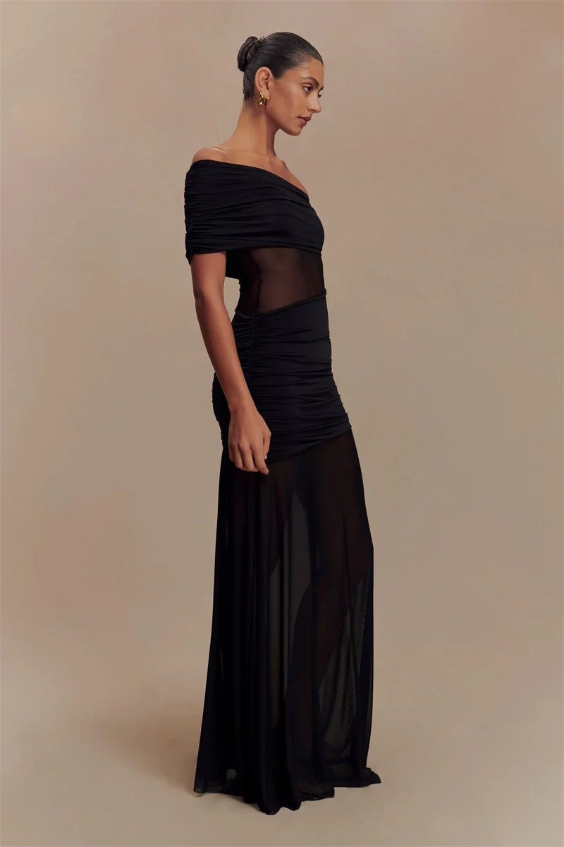One Shoulder Mesh Sexy Maxi Dress
