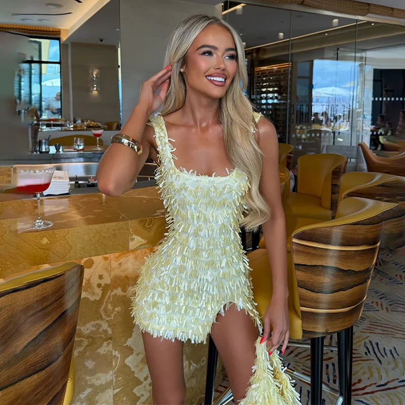 Colorful Diamond Pattern Sequin Slit Mini Dress