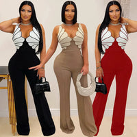V-Neck Wide Leg  Sleeveless  Patchwork Jumpsuit